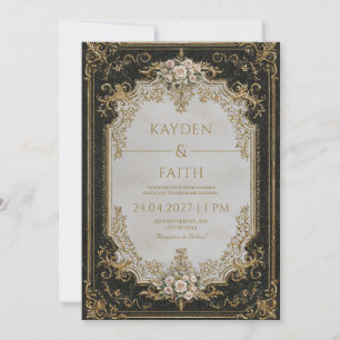 Invitation Mariage Luxe Victorien Or Baroque Rose Noire