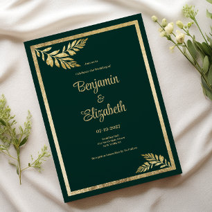 Invitation Mariage luxueux à charpente dorée vert foncé