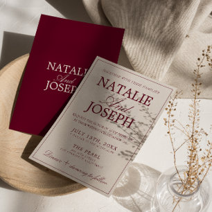 Invitation Mariage Luxueux Crème Rouge Foncé Ancien Argent