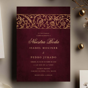 Invitation Mariage Luxueux Floral Or & Bourgogne Nuestra Boda