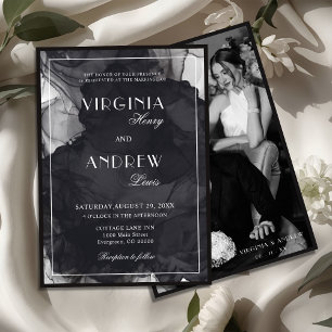 Invitation Mariage Luxueux Noir & Blanc Argent Ancien