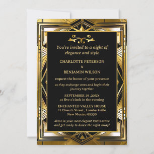 Invitation Mariage Luxueux Noir & Or Gatsby Art Déco des Anné