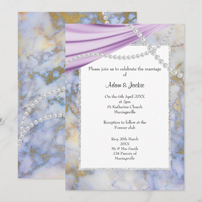 INVITATION MARIAGE LUXUEUX PEARLES EN MARBRE PURPLE (Devant / Derrière)