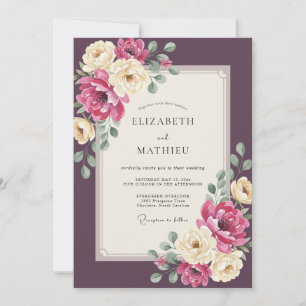 Invitation Mariage Magenta Prune Ranunculus Eucalyptus Gris