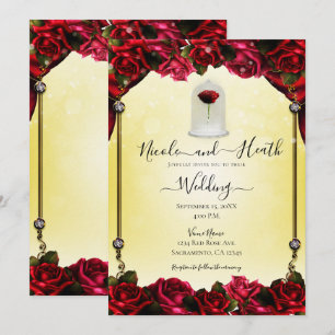 Invitation Mariage Magique Rose Rouge Jaune Or Pailleté
