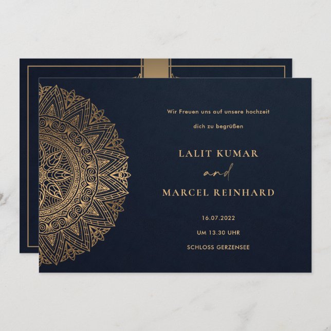 Invitation MARIAGE MANDALA ORNÉ CLASSIQUE OR Élégant NAVY OR (Devant / Derrière)