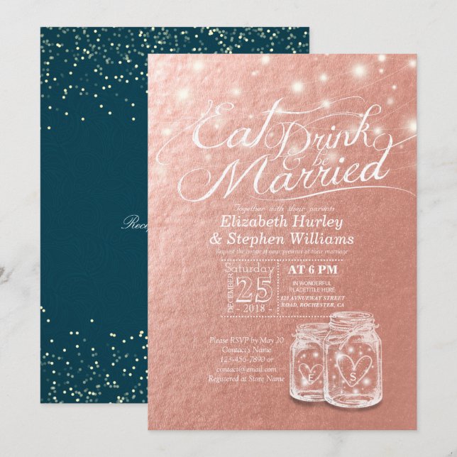 Invitation Mariage MANGER Boire et être marié Mason Jar Rose  (Devant / Derrière)