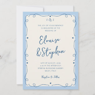 Invitation Mariage manuscrit bleu capricieux dessiné à la mai