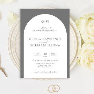 Invitation Mariage manuscrit Gris argenté Monogram Arch