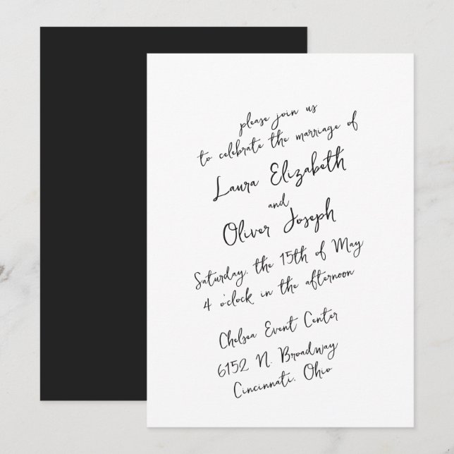 Invitation Mariage manuscrit noir et blanc simple (Devant / Derrière)
