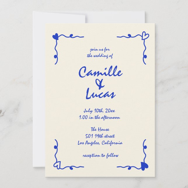 Invitation Mariage maquis rétro bleu manuscrit