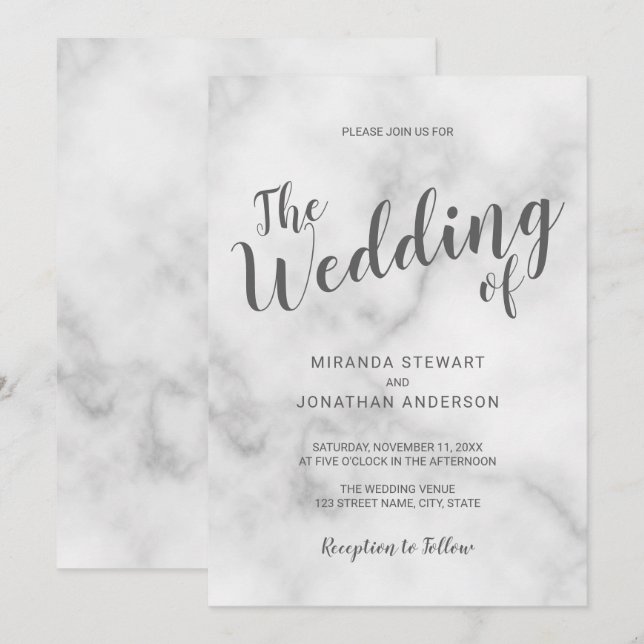 Invitation Mariage Marbre blanc élégant (Devant / Derrière)
