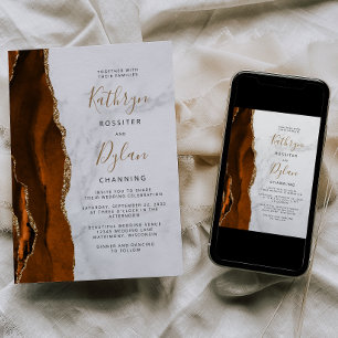 Invitation Mariage Marbre Or Agate Orange Brûlé