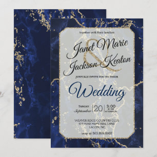 Invitation Mariage Marbre Paillettes Or Bleu Nuit