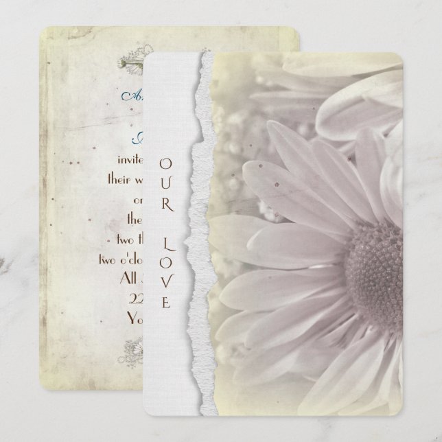 Invitation mariage marguerite en jaune doux avec bord de papi (Devant / Derrière)