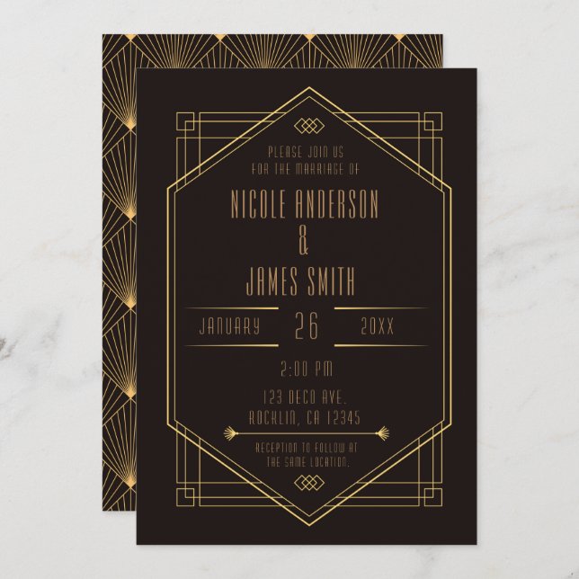 Invitation Mariage Mariage élégant Art déco d'or noir (Devant / Derrière)