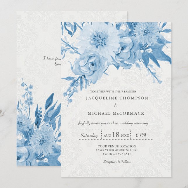 Invitation Mariage Marine Bleu Blanc Chintz Lace Damask Flora (Devant / Derrière)