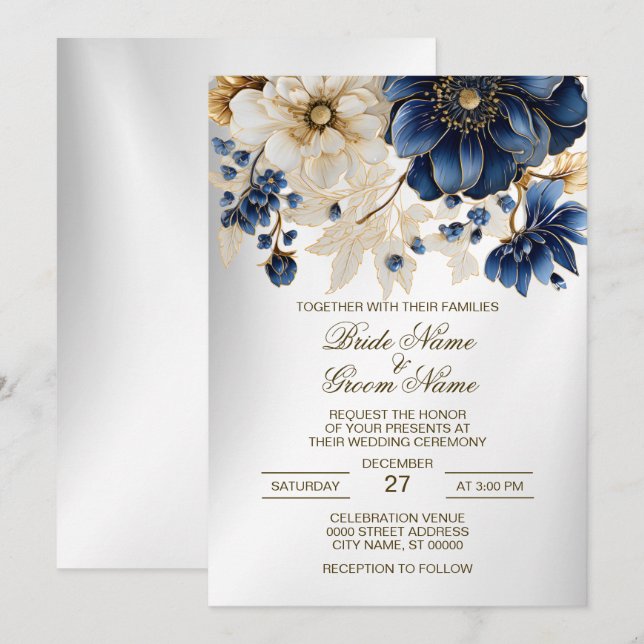 Invitation Mariage Marine Bleu Blanc Or Floral Argent (Devant / Derrière)