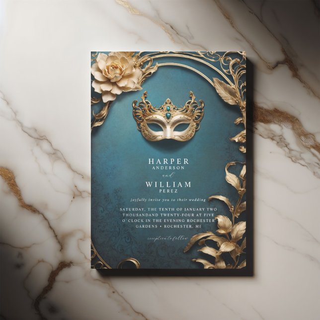 Invitation Mariage mascarade bleu et or enchanté (Blue masquerade wedding invitation featuring a venetian mask.)