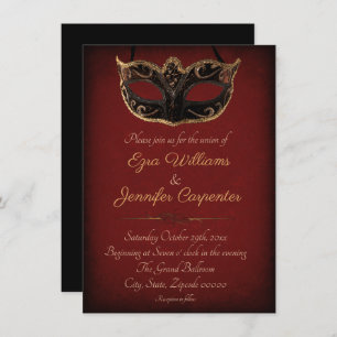 Invitation Mariage mascarade rouge et or