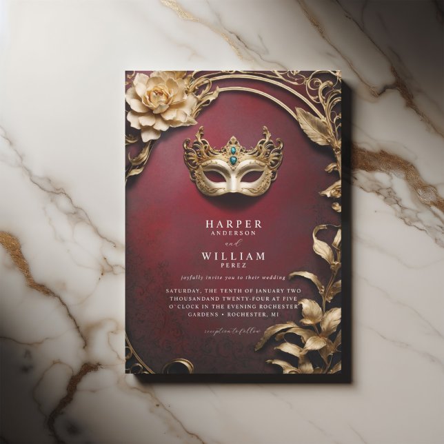 Invitation Mariage mascarade rouge et or enchanté (ornated red wedding masquerade invitation, elegant with a vintage touch)