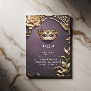 Invitation Mariage mascarade violet et or enchanté