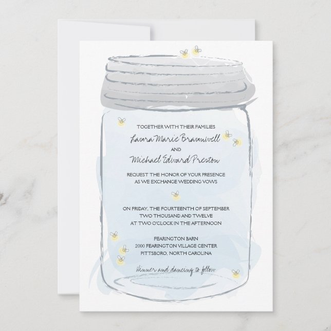 Invitation Mariage Mason bleu Jar & Fireflies (Devant)