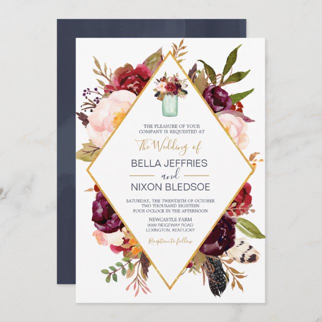 Invitation Mariage Mason Jar à la floraison noire de Bourgogn (Devant / Derrière)