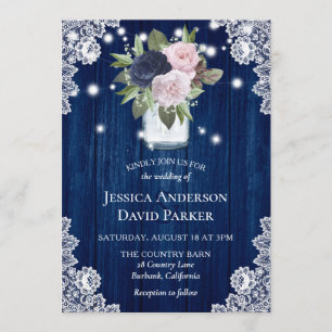 Invitation Mariage Mason Jar de la Navy Blue Blush