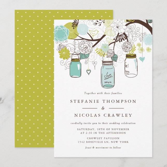Invitation Mariage Mason Jars à pendage vert et bleu (Devant / Derrière)