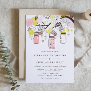Invitation Mariage Mason Jars à pendaison rose et jaune