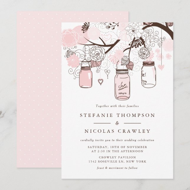 Invitation Mariage Mason Jars à pendaison rose rousse (Devant / Derrière)