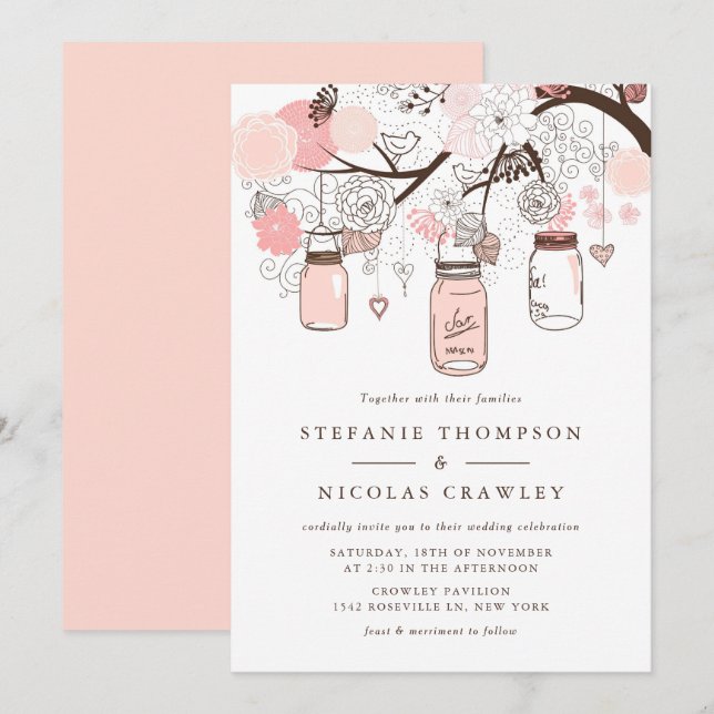 Invitation Mariage Mason Jars à pendaison rose rousse (Devant / Derrière)