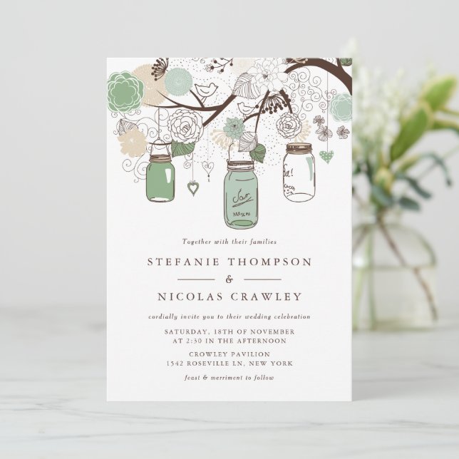 Invitation Mariage Mason Jars à pendaison verte (Debout devant)