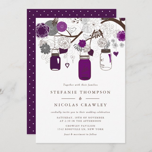 Invitation Mariage Mason Jars à pendaison violette (Devant / Derrière)