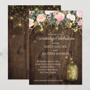 Invitation Mariage Mason Jars de lucioles rose et or