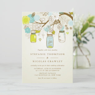 Invitation Mariage Mason Jars Vintage bleu et vert