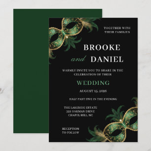 Invitation Mariage Masqué à Plumes Vert et Or Chic