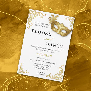 Invitation Mariage Masqué avec Cadre Élégant Blanc et Or