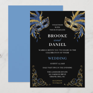 Invitation Mariage Masqué Chic Bleu Or Plumé