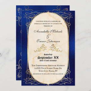Invitation Mariage médiéval bleu marine et or