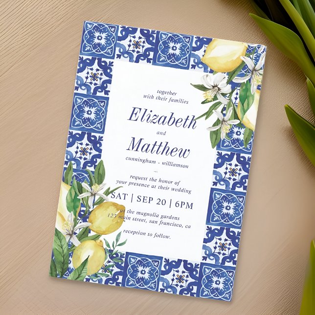 Invitation Mariage méditerranéen bleu citron (Créateur téléchargé)