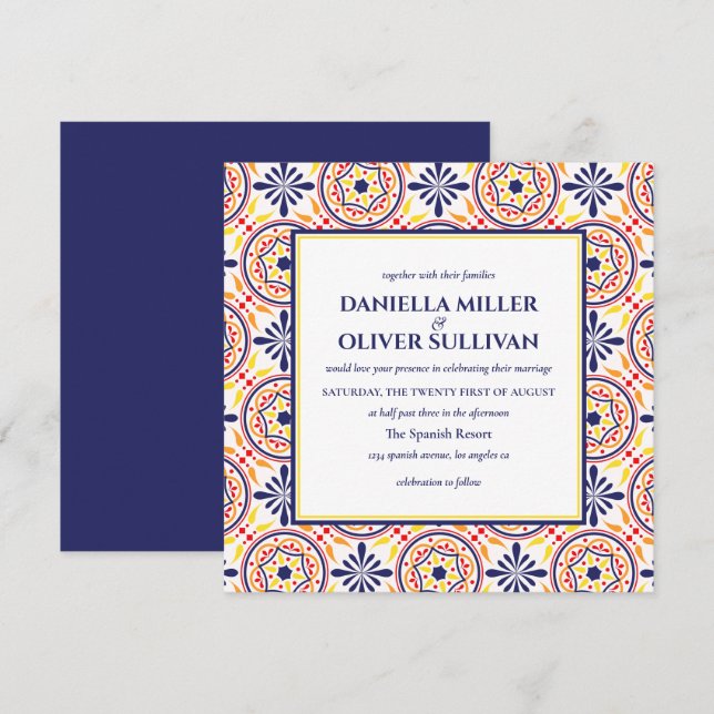Invitation Mariage méditerranéen en tuile jaune de la marine  (Devant / Derrière)
