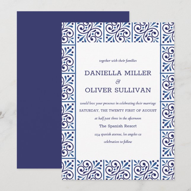 Invitation Mariage méditerranéen Indigo Tile de la marine esp (Devant / Derrière)