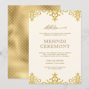 Invitation Mariage Mehndi islamique Damassé en Crème et Feuil