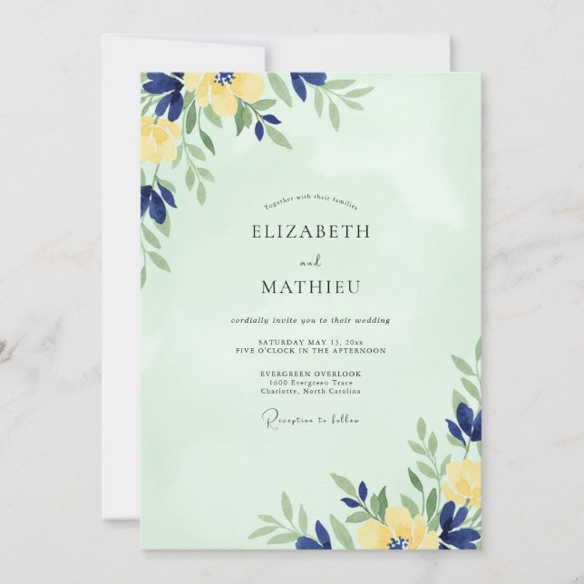 Invitation Mariage Menthe Ocre Indigo Pétales (Devant)