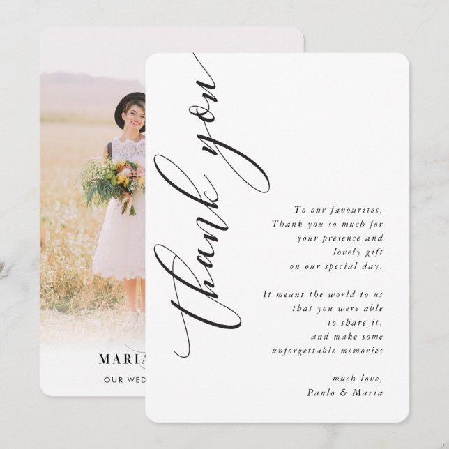 Invitation MARIAGE MERCI photo calligraphie du côté moderne (Devant / Derrière)
