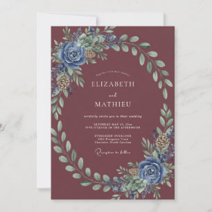 Invitation Mariage Merlot Bleuet Feuillage Eucalyptus