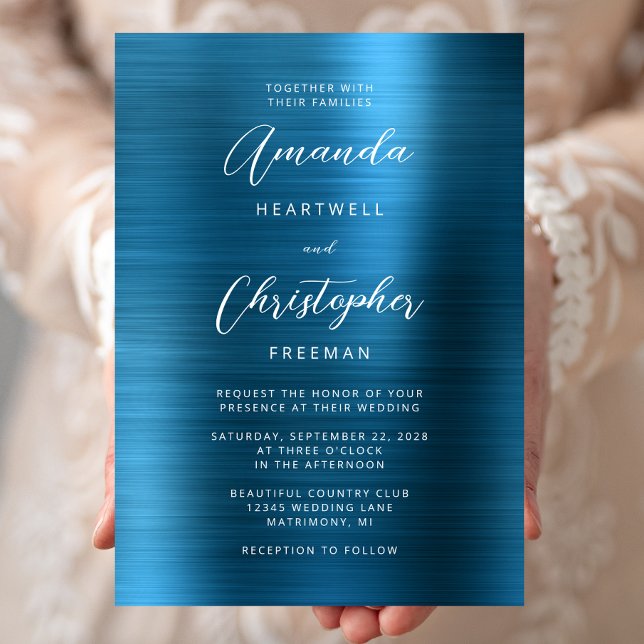 Invitation Mariage Métal Brossé Bleu Sarcelle Script (Créateur téléchargé)