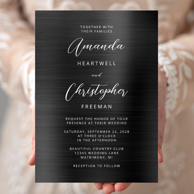 Invitation Mariage Métal Brossé Noir Script (Créateur téléchargé)